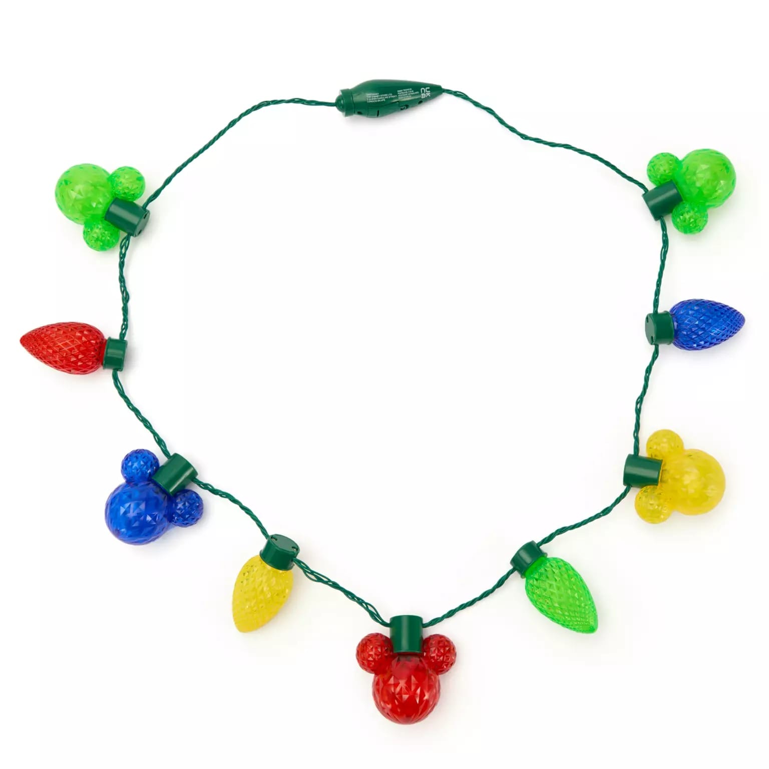 String of colorful holiday lights shaped like Mickey Mouse heads, part of the 2025 Disney Christmas Merchandise at Disney Store.