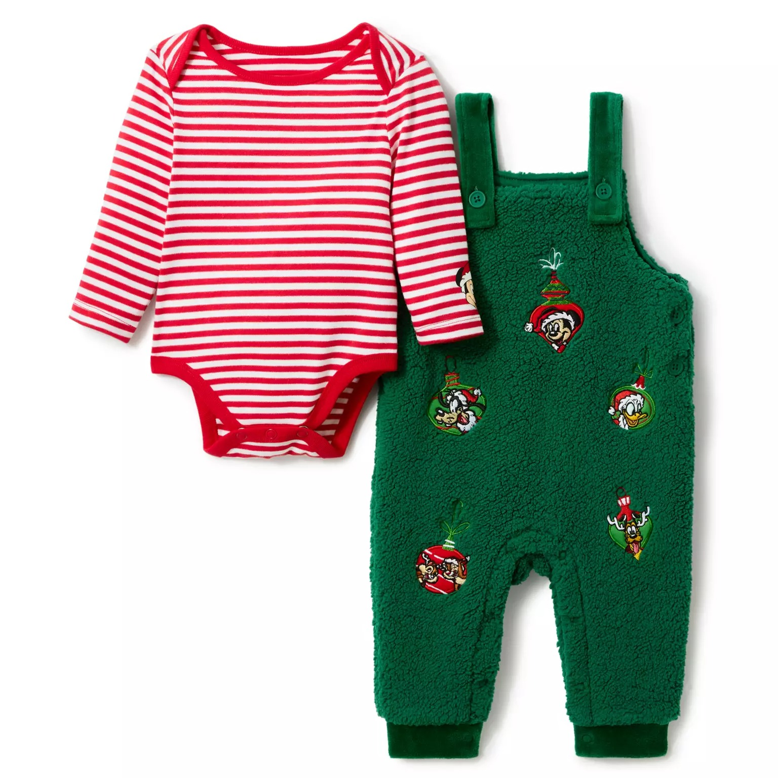 Red and white striped baby bodysuit with green fuzzy overalls from Disney Store’s 2025 Christmas merchandise collection.