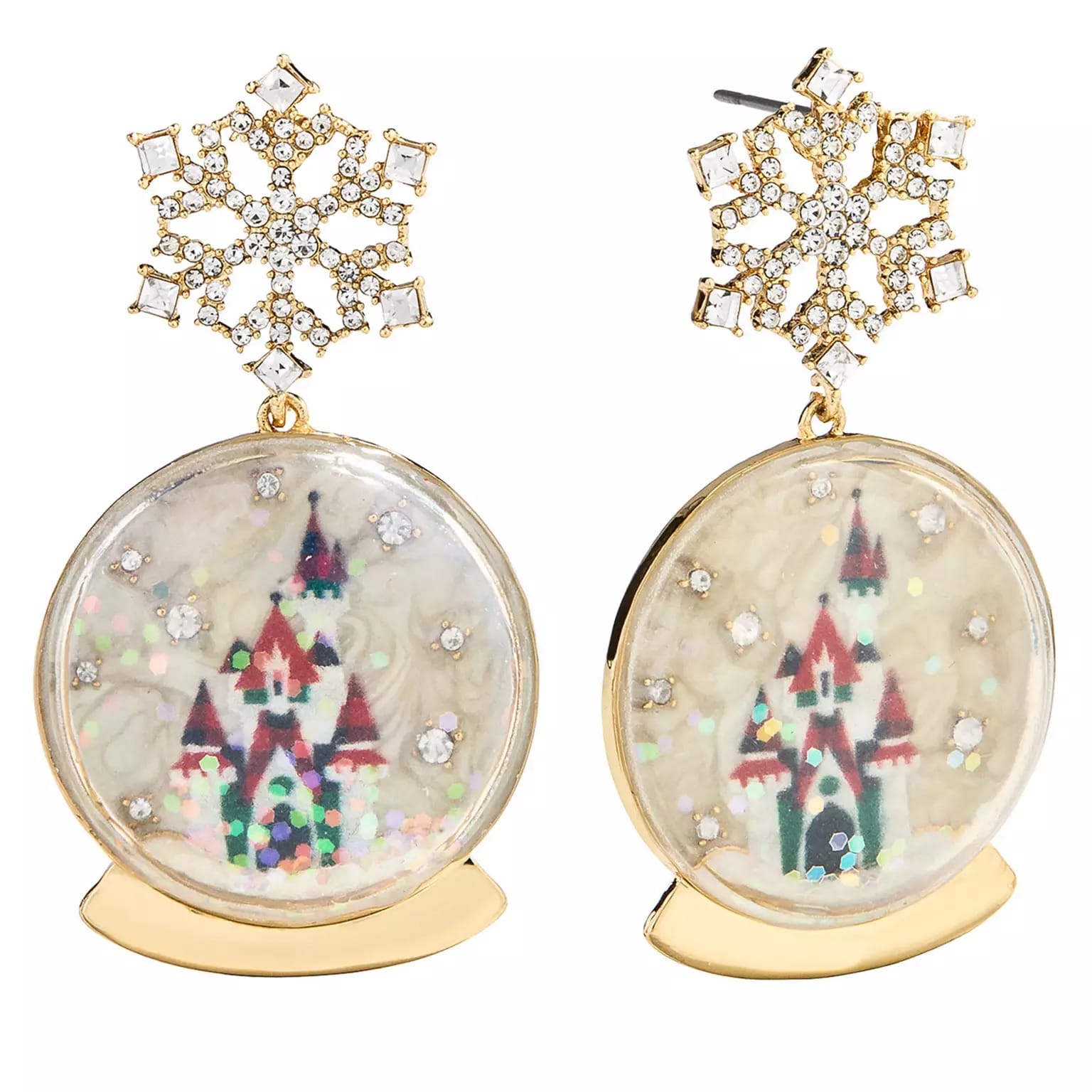 Gold earrings with jeweled snowflakes and castle pendants, resembling Disney parks castles, part of 2025 Disney Christmas merch.