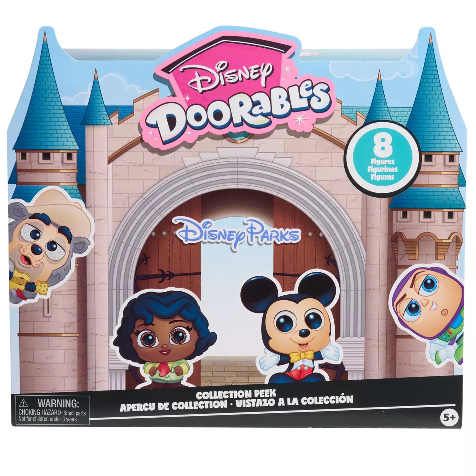 Disney Doorables toy box featuring Disney Parks Characters and a castle entrance with “8 figures” label on the right.