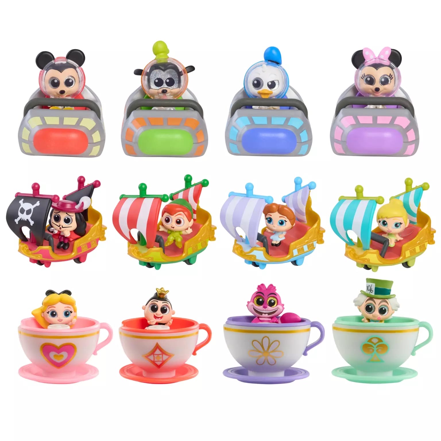 Disney Doorables figurines of Disney Parks Characters in themed cars, ships, and teacups, arranged in colorful rows.