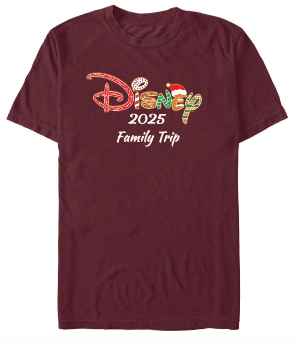 Maroon tee with "Disney 2025 Family Trip" text, festive holiday shirt seen at Disney parks—great Christmas gift from Disney Store.