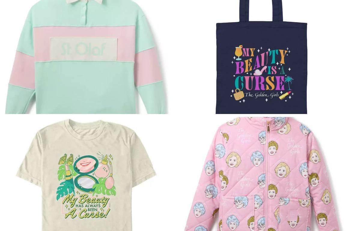 Four Golden Girls-themed items: a pastel sweatshirt, navy tote bag, cream T-shirt, and pink jacket with cartoon faces.