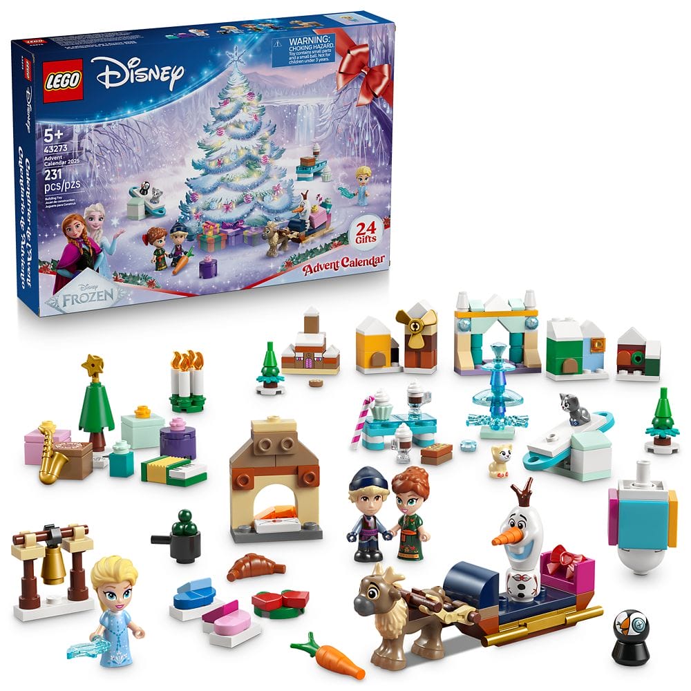 LEGO Disney Frozen Advent Calendar set with mini-figures, Christmas tree, and festive accessories displayed in front of box.