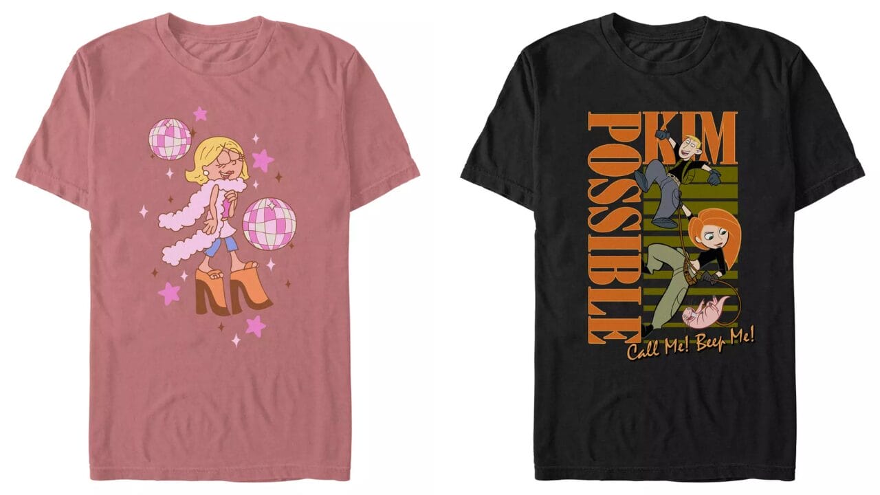 Two retro Disney Channel shirts: a pink disco girl tee and a black "Call Me, Beep Me!" Kim Possible graphic.