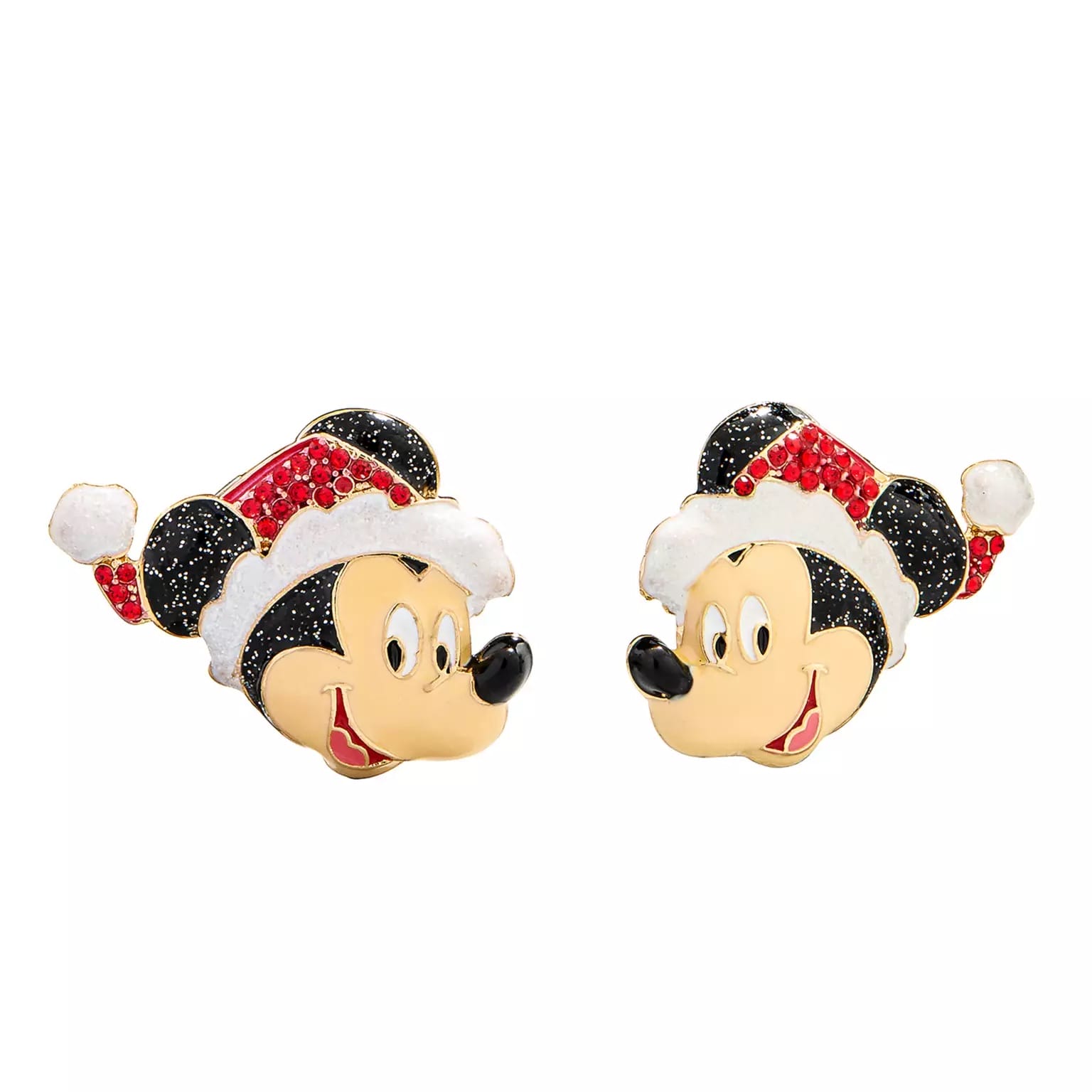 Mickey Mouse face earrings in Santa hats, glittering with holiday spirit—festive Disney Park 2025 Christmas merchandise.