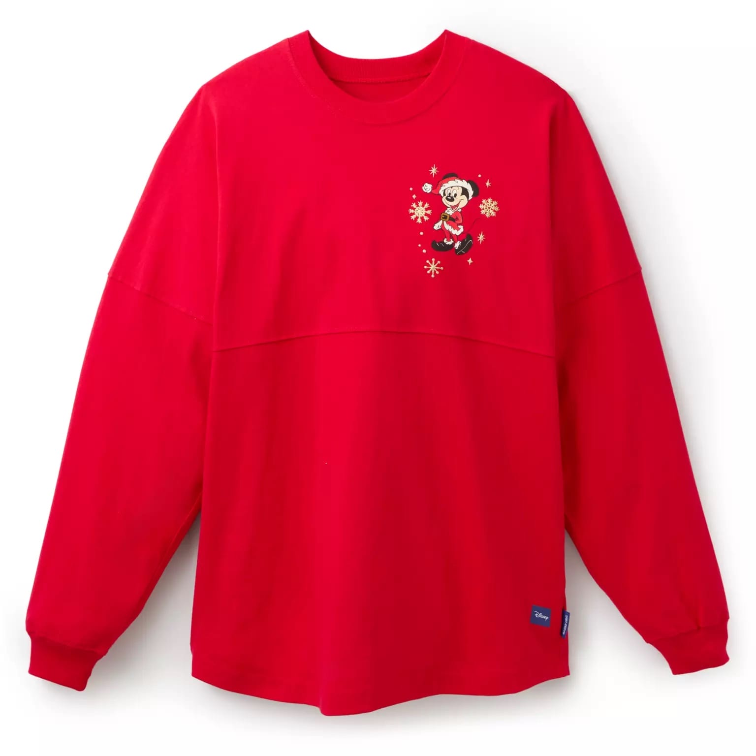 Red Disney Parks long-sleeve shirt featuring a small cartoon Santa character, part of worldwide Disney Christmas merchandise.