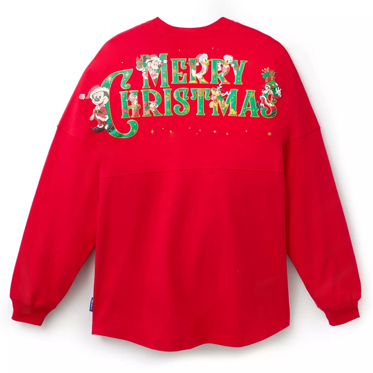 Red long-sleeve shirt featuring "Merry Christmas" and Disney characters, just like festive apparel seen at Disney Parks worldwide.
