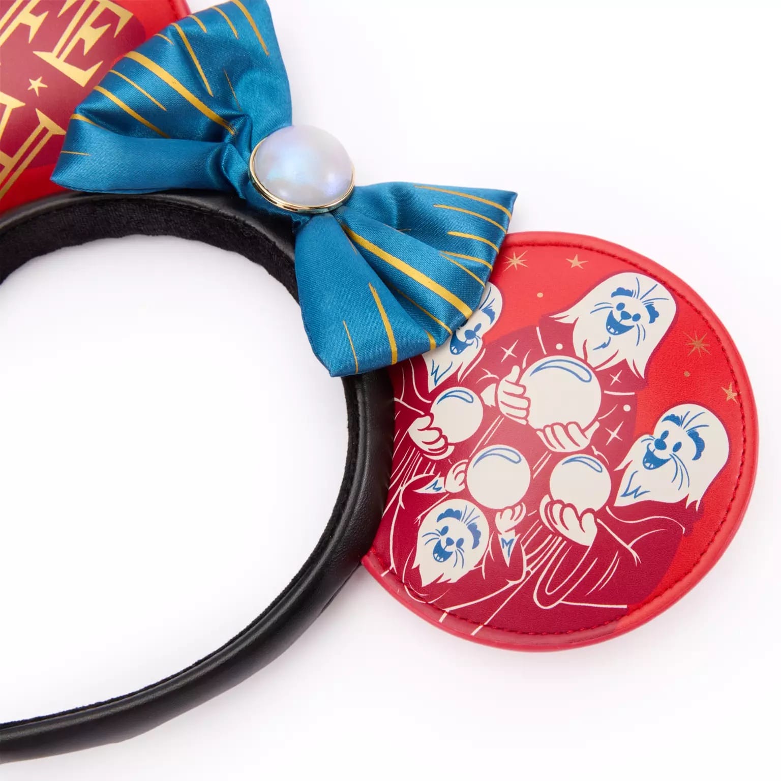 Red Ear Headband with blue bow, pearl center, and ghostly figures holding crystal balls—perfect for Star Wars Life Day.