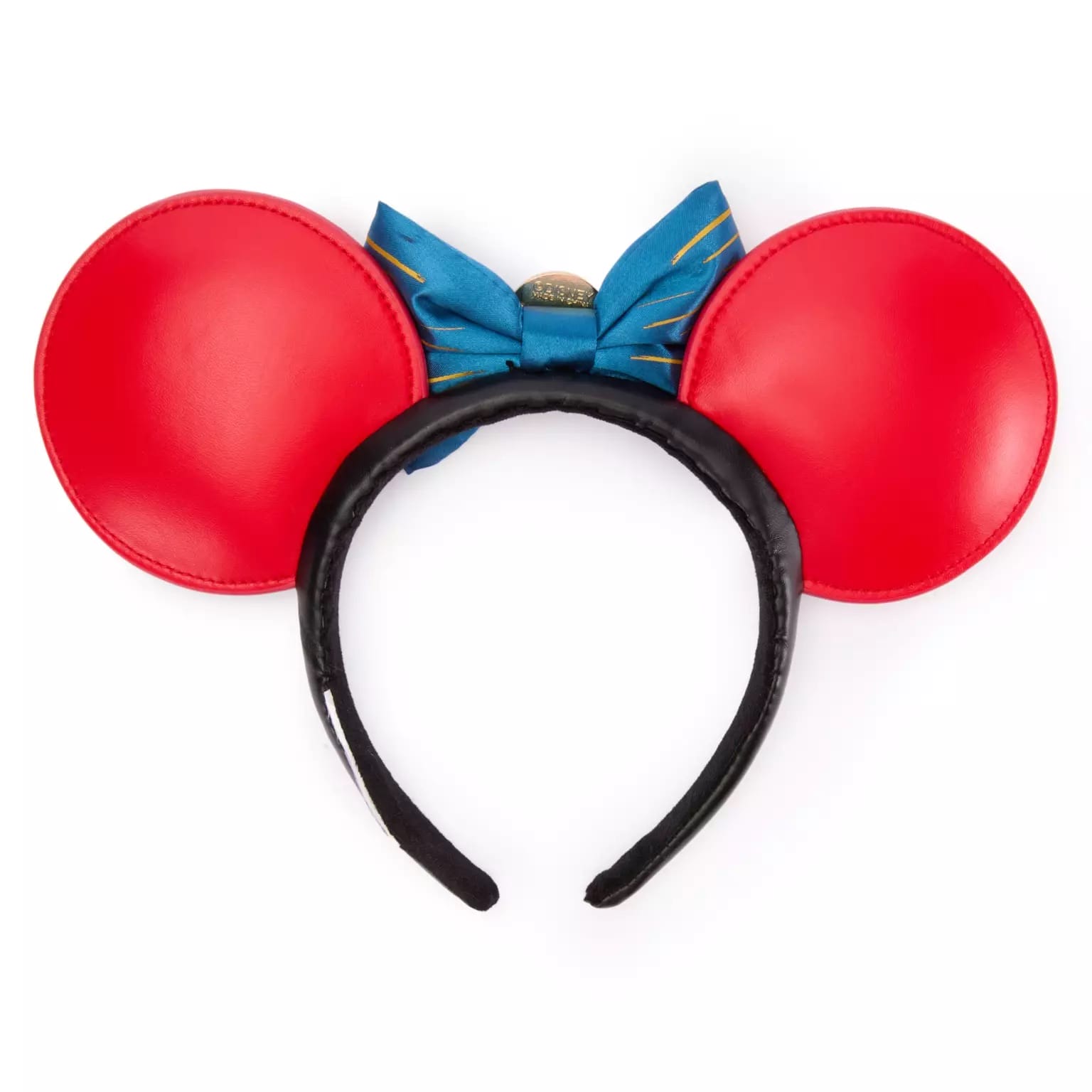 Red mouse ear headband with a blue bow and gold accents, perfect for celebrating Life Day, displayed on white.