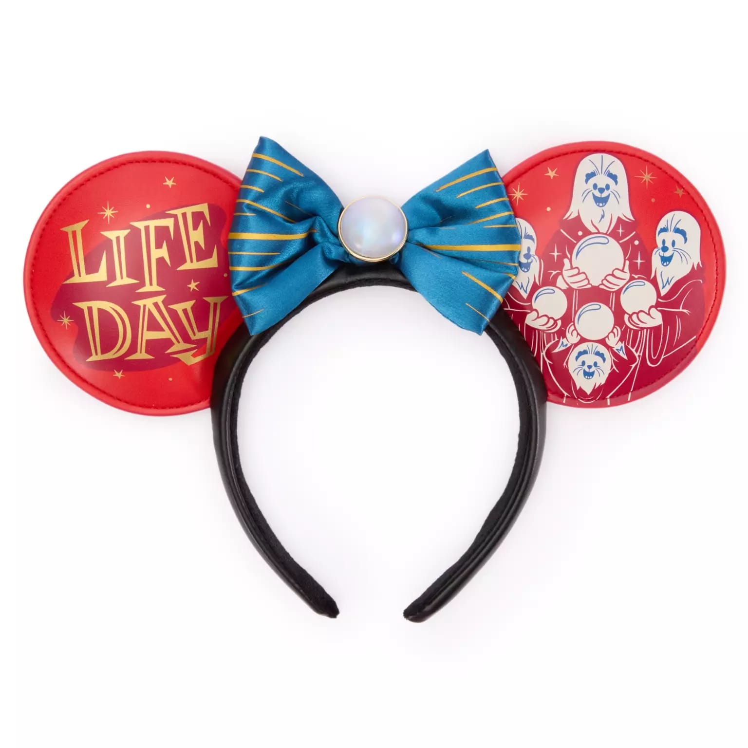 Star Wars Ear Headband featuring red Mickey ears, "Life Day," a blue bow, and Wookiees holding glowing orbs.