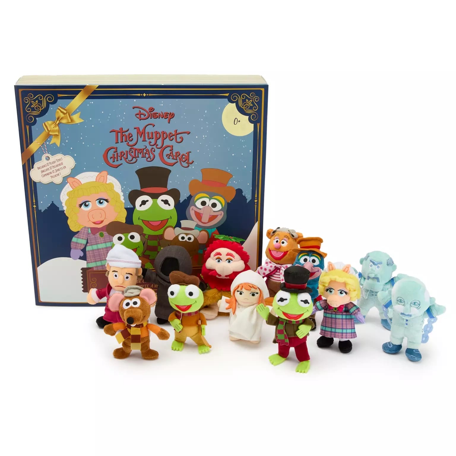 Plush The Muppet Christmas Carol characters arranged before a festive Disney box for a magical Count Down to Christmas.