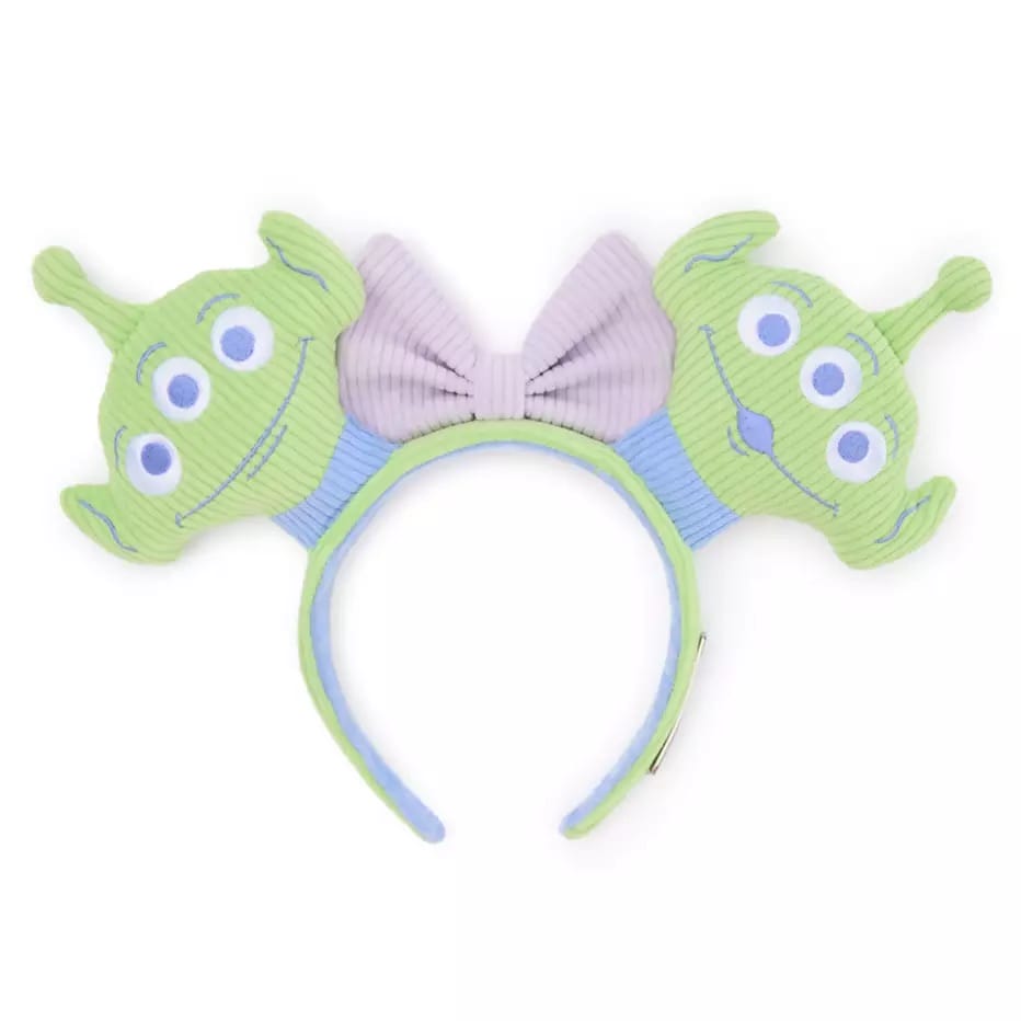 Headband with two green, three-eyed alien faces from Toy Story and a purple bow, matching your Alien ear headband.