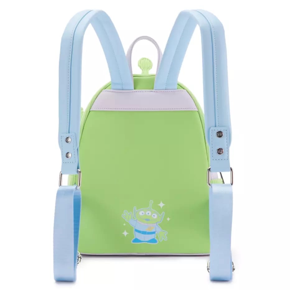 Back view of a Loungefly Backpack with a cartoon Toy Story Alien waving near the bottom.