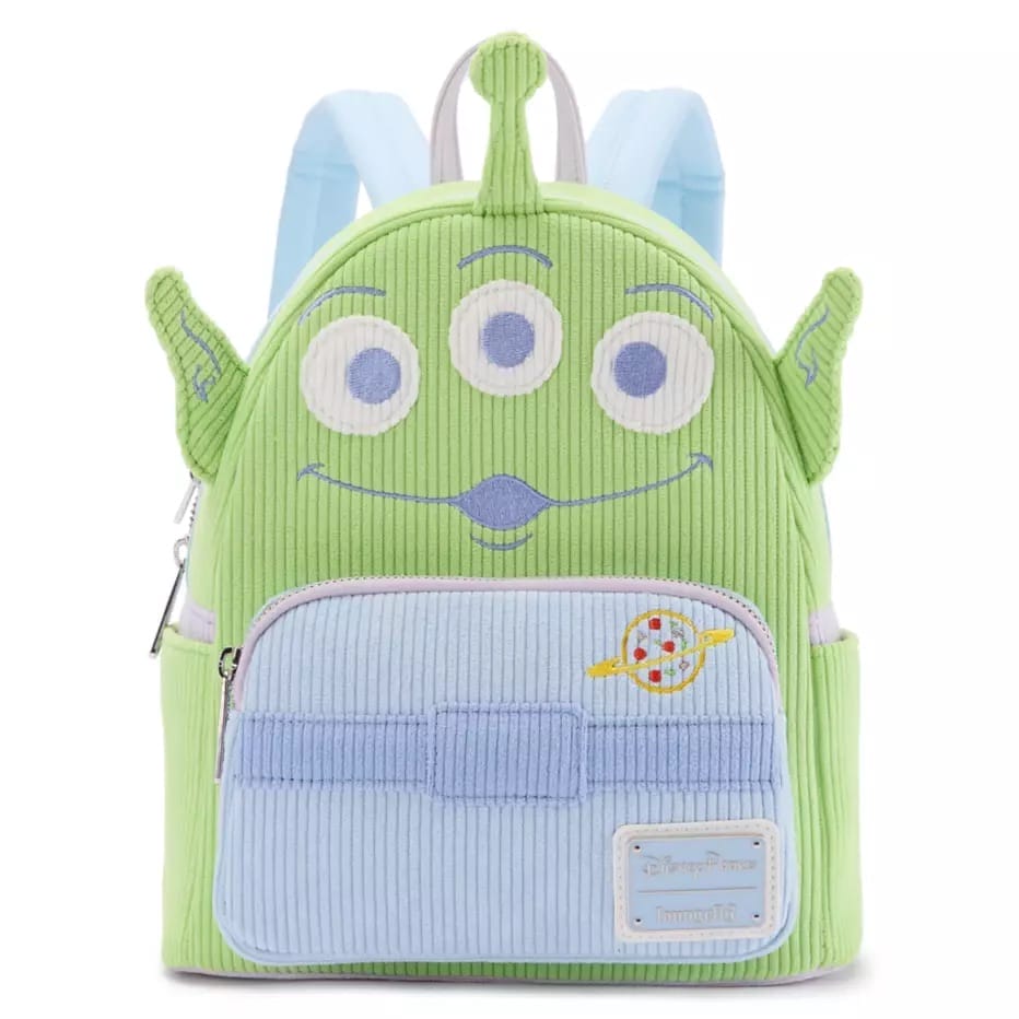 Light green and blue backpack designed like a three-eyed Toy Story alien, perfect for your Daily Recap essentials.