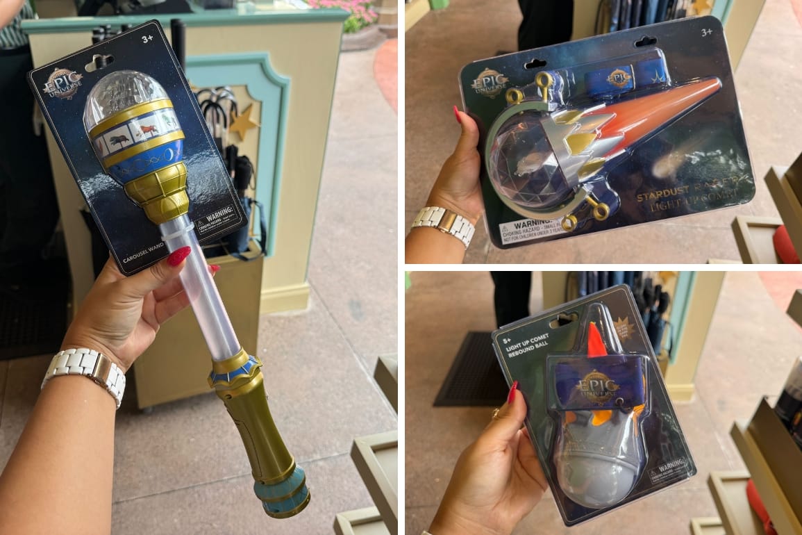 Three photos show hands holding Epic Universe toys: a Constellation Carousel wand, a Stardust Racers light-up comet, and a light-up comet rebound ball.