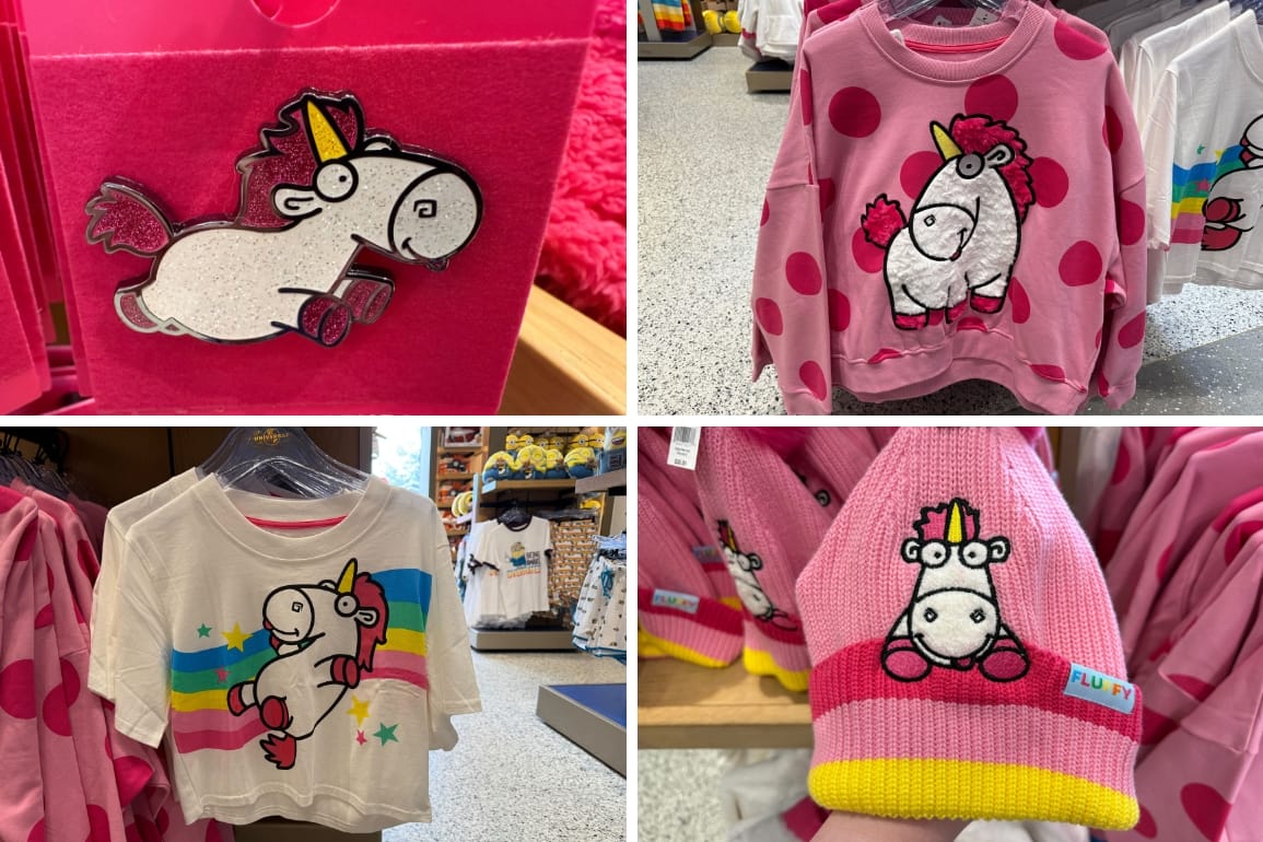 Collage of merchandise featuring the white and pink Fluffy Unicorn from Minions: an enamel pin of the unicorn running, a pink and red sweater with a fuzzy unicorn applique, a white crop top t-shirt with the unicorn and a rainbow, and a pink beanie with the unicorn and red and yellow stripes.