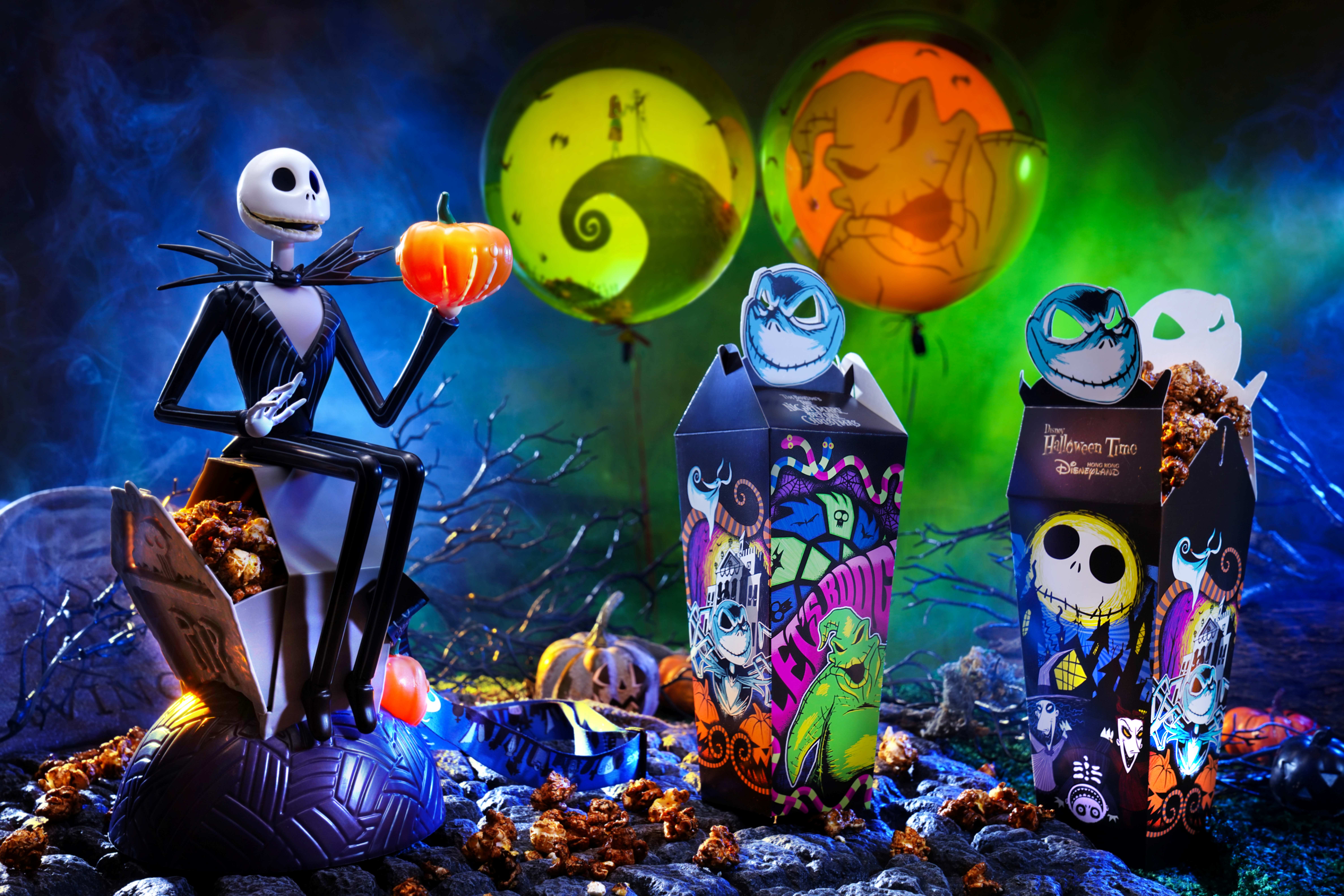 Halloween-themed display with Jack Skellington, glowing balloons, and Disney Villains at Hong Kong Disneyland.