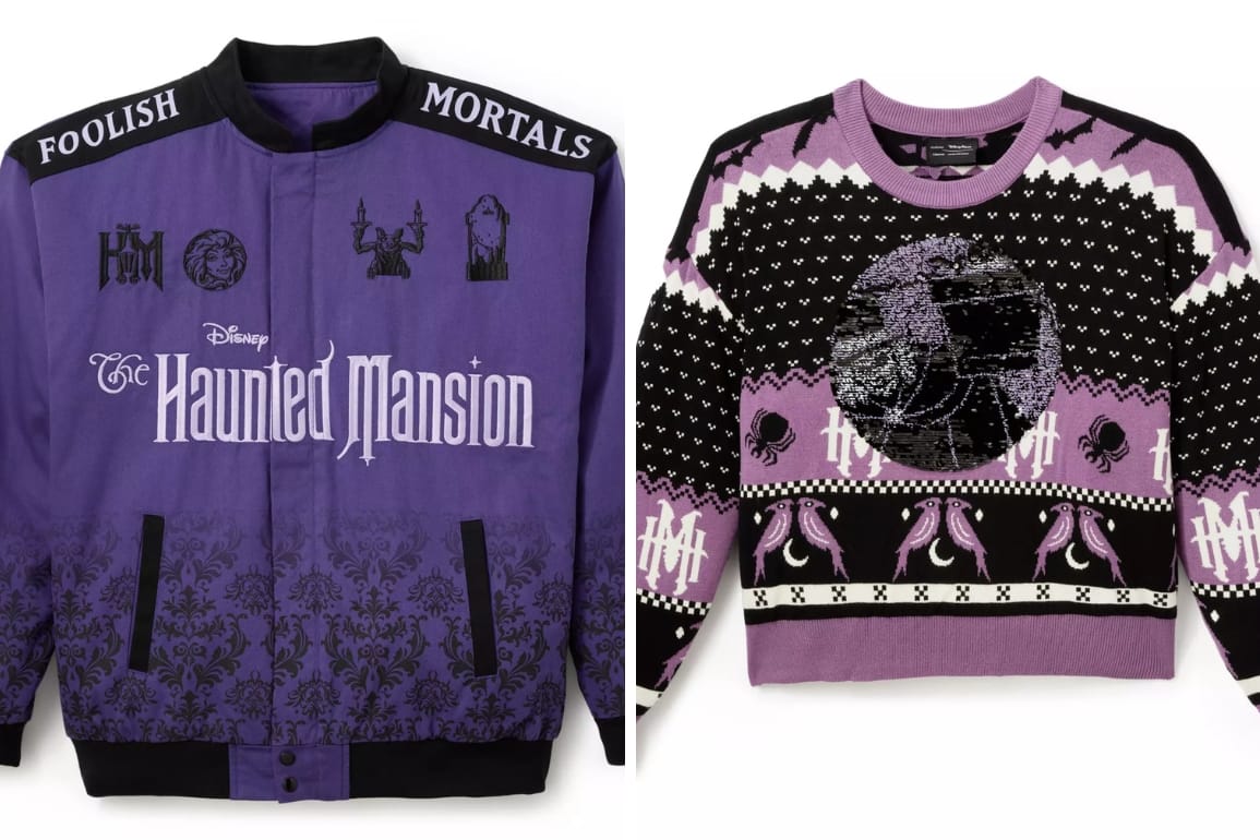 Side-by-side of a purple Haunted Mansion jacket and sweater from the Her Universe Haunted Mansion collection.