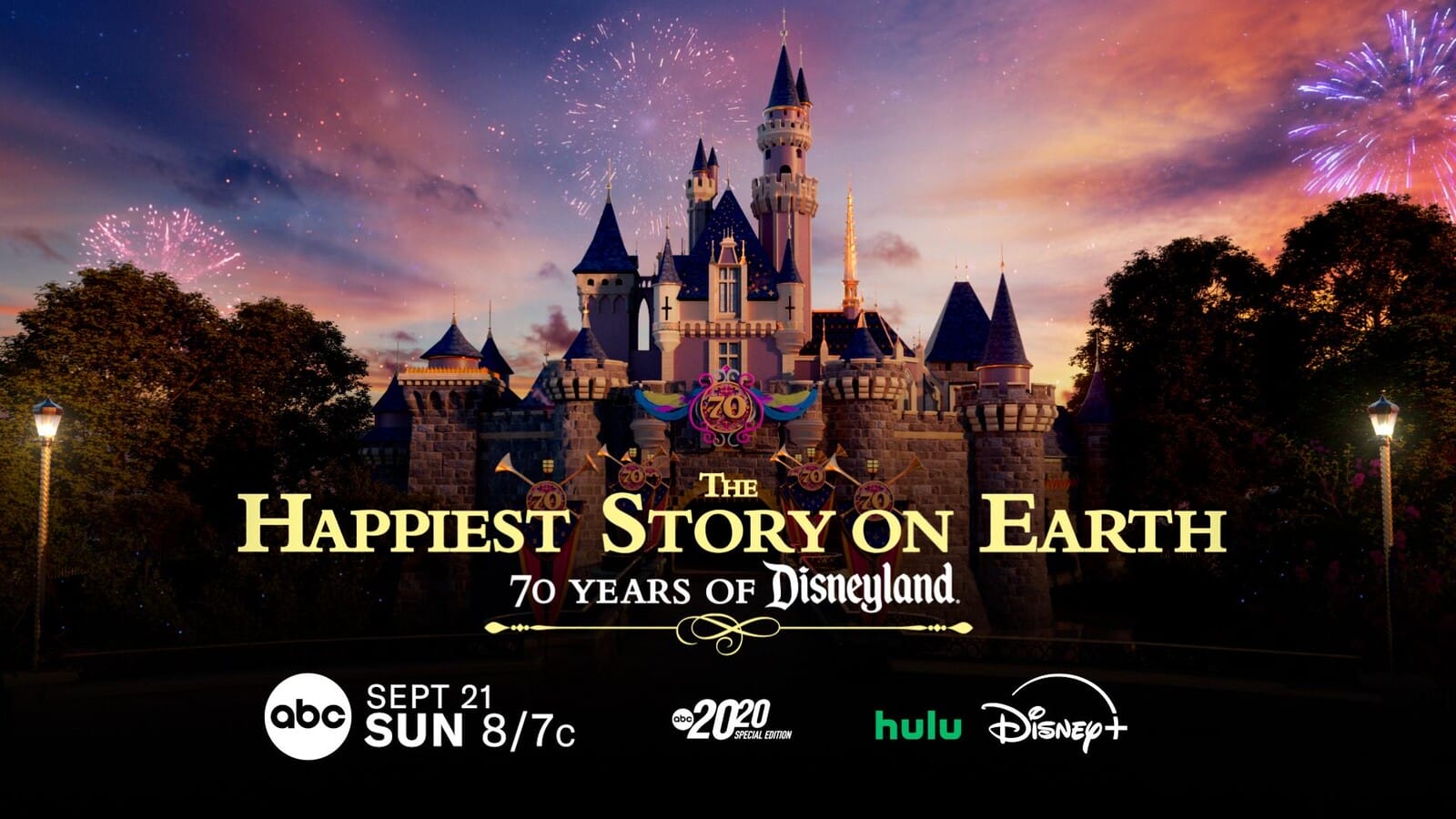 Sleeping Beauty Castle with fireworks celebrates Disneyland's 70th Anniversary: "The Happiest Story on Earth.