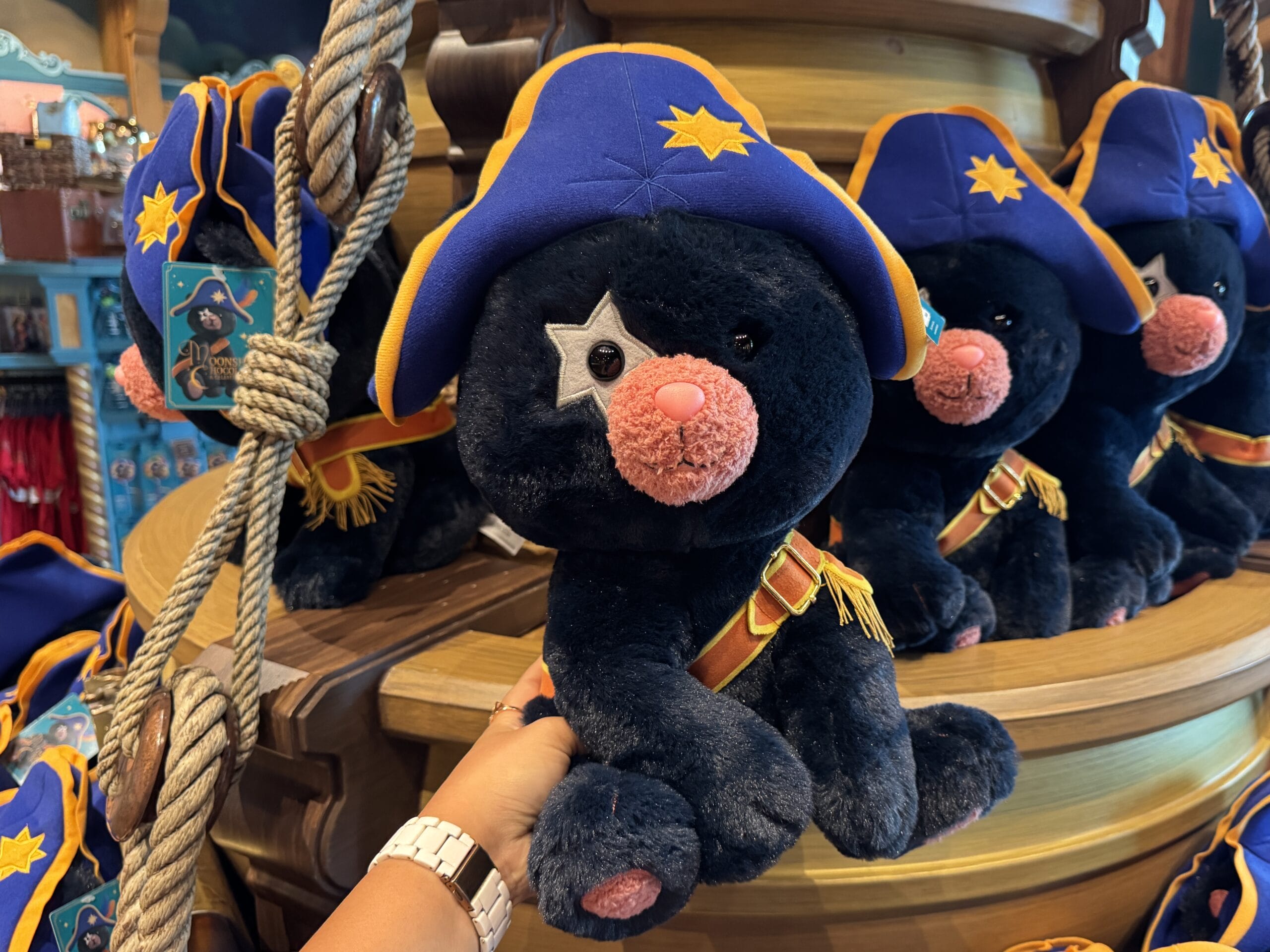 A hand holds a plush toy navy seal in a wizard hat at Epic Universe, surrounded by similar toys—Personalize Your Wand nearby.