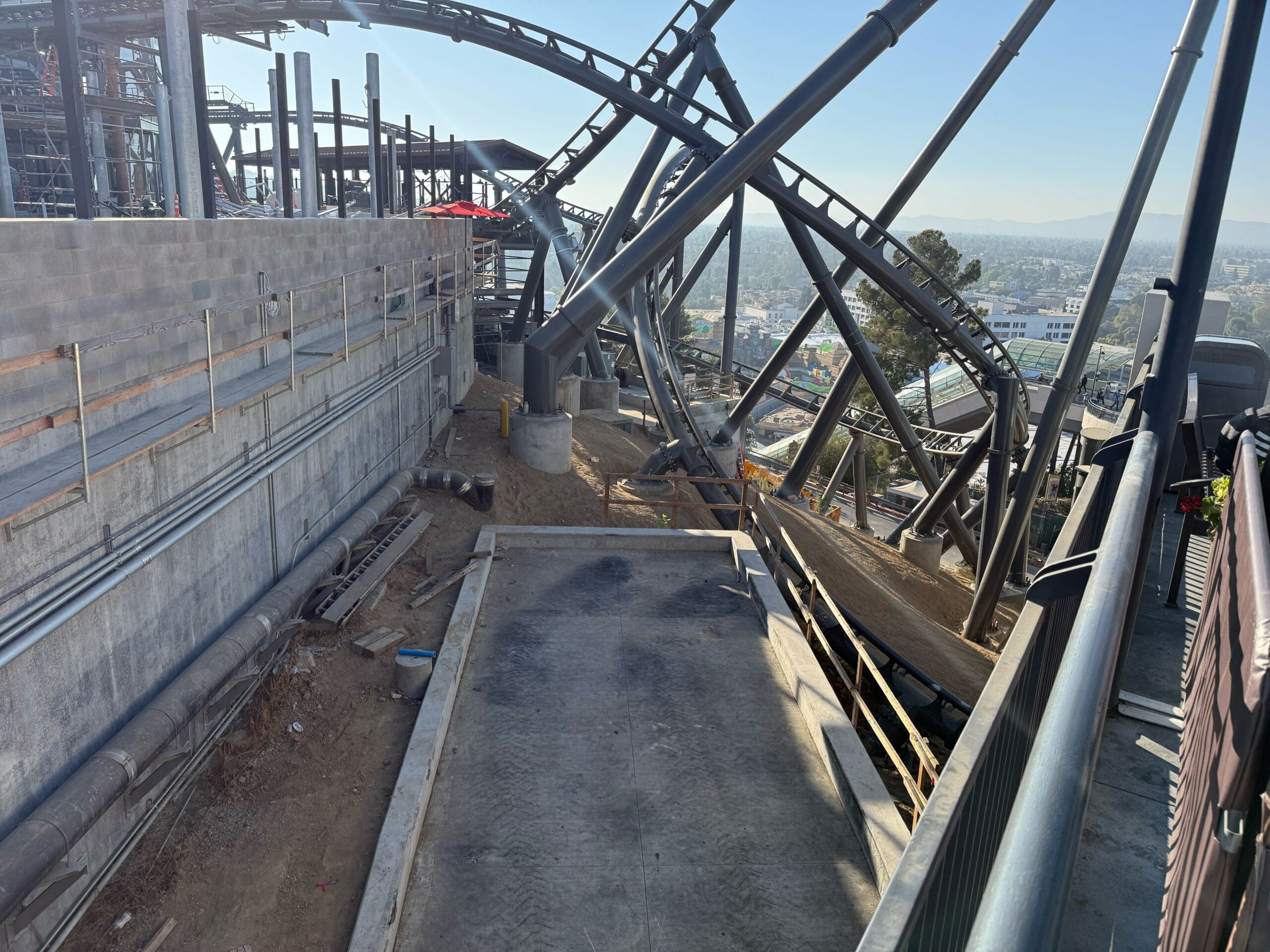 A concrete pad below tracks on the Fast & Furious: Hollywood Drift roller coaster at Universal Studios Hollywood.