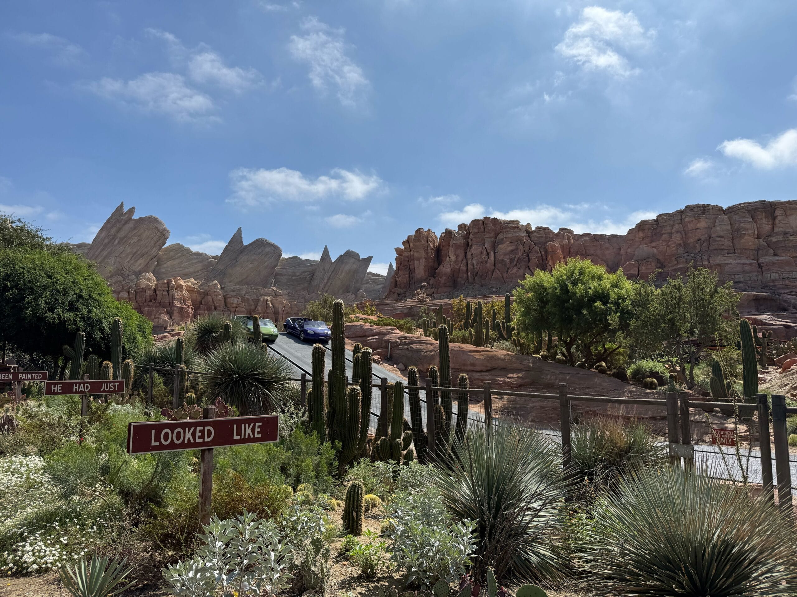 Desert landscape with cacti and rocky hills, like Radiator Springs Racers at California Adventure; "LOOKED LIKE" sign in front.