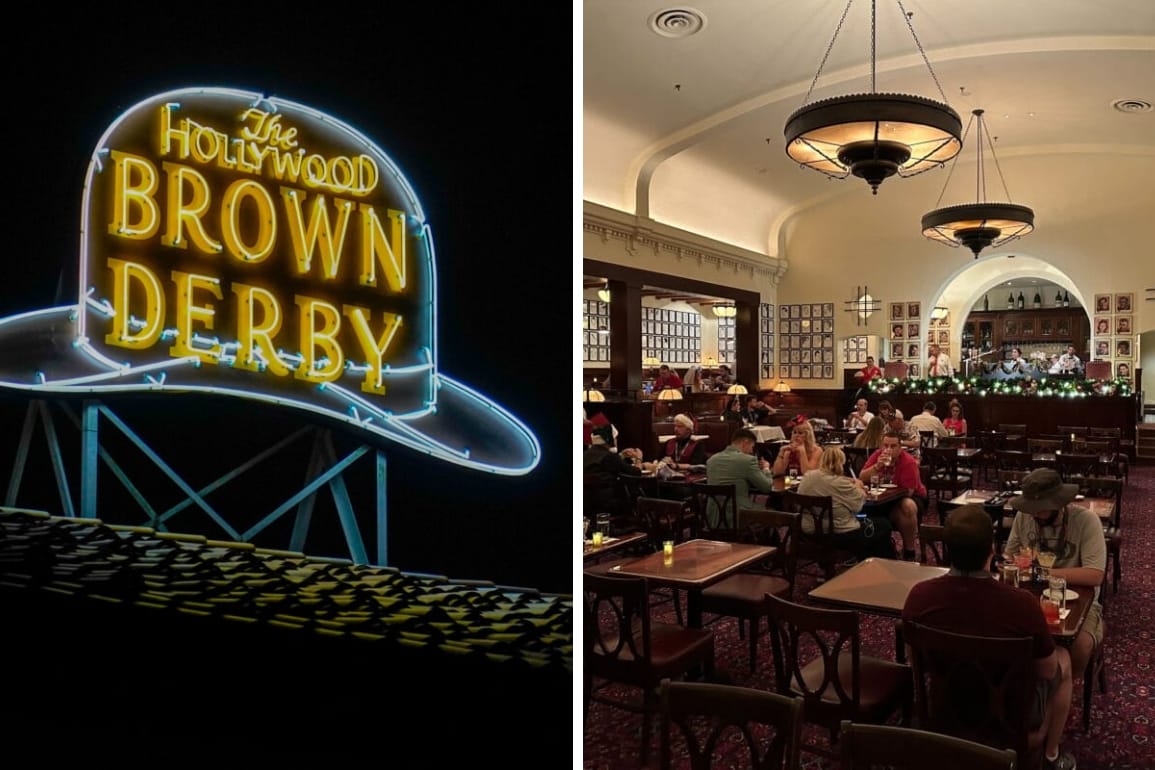 Split image: Left, neon "Hollywood Brown Derby" sign at night. Right, diners enjoy the classic menu inside.