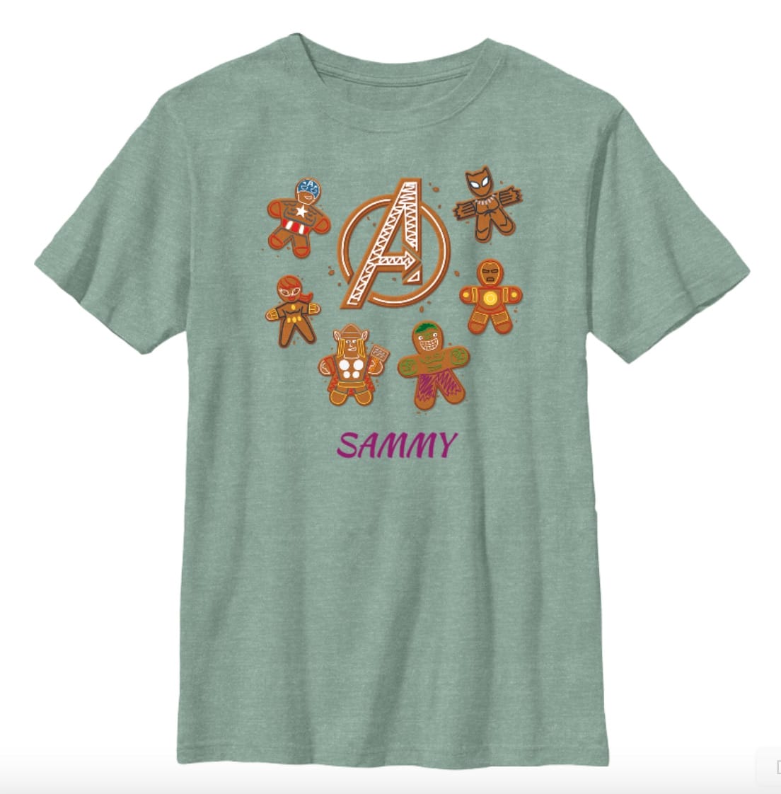 Disney Parks Christmas 2025 green tee with gingerbread Avengers, logo, and "SAMMY" in purple—featured in global park shops.