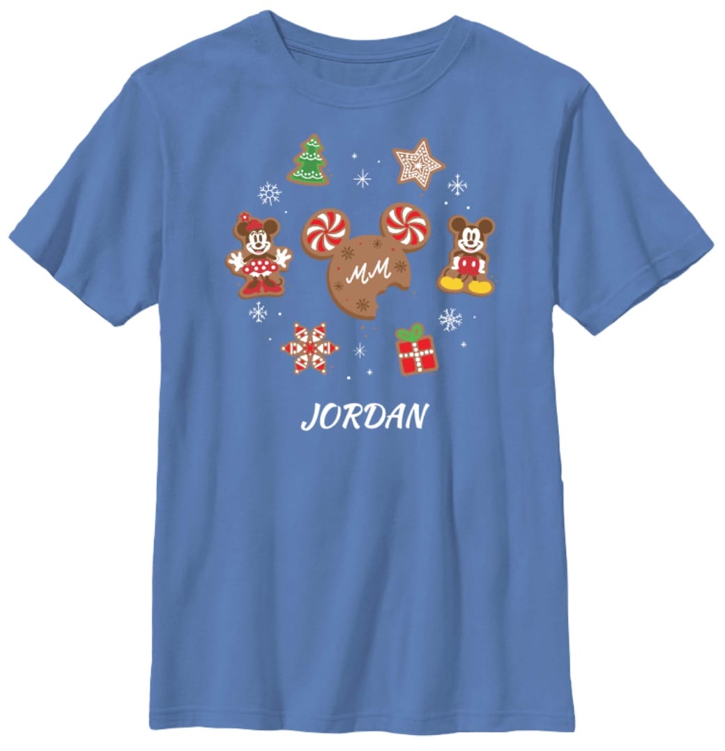 Blue tee featuring Mickey Mouse Christmas cookies, snowflakes, and "JORDAN" text—Disney Parks holiday 2025 merch.