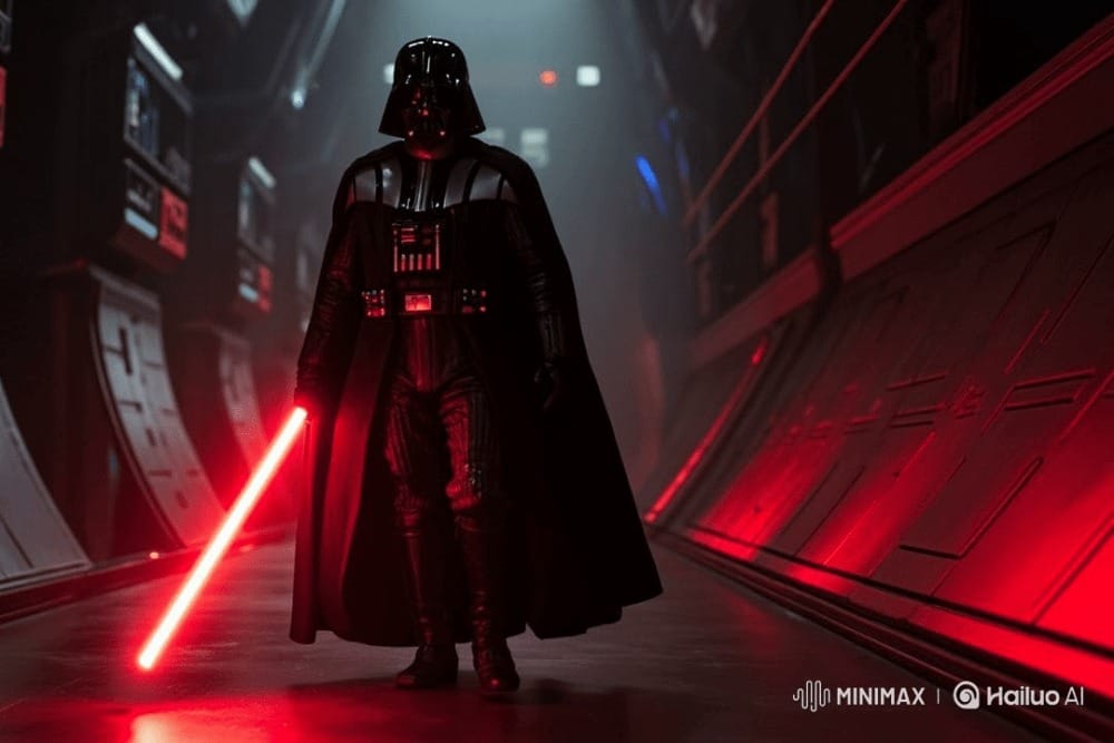 Darth Vader stands in a dark corridor, Disney’s red lights illuminating his lightsaber in the dramatic scene.