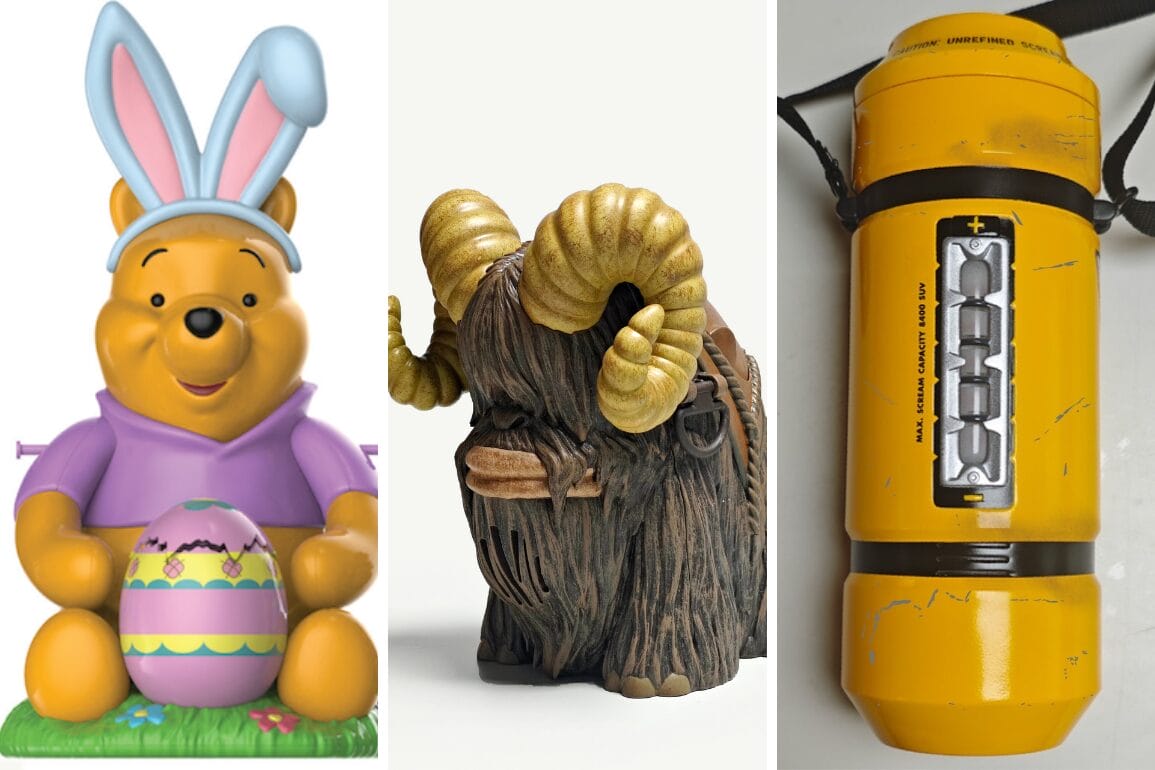 A Winnie the Pooh figure with bunny ears, a yak-like creature, and Disney Parks popcorn buckets and sippers.