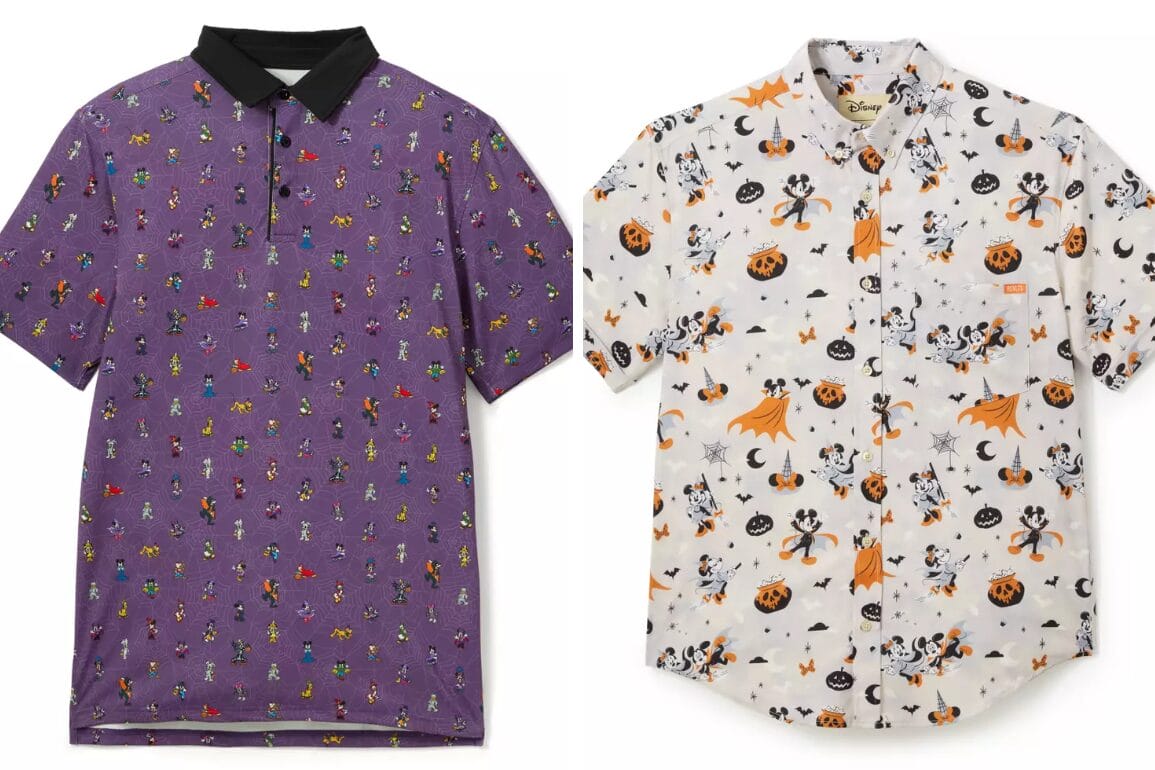 A purple polo and white button-up with Disney Store exclusive RSVLTS Halloween shirts patterns.