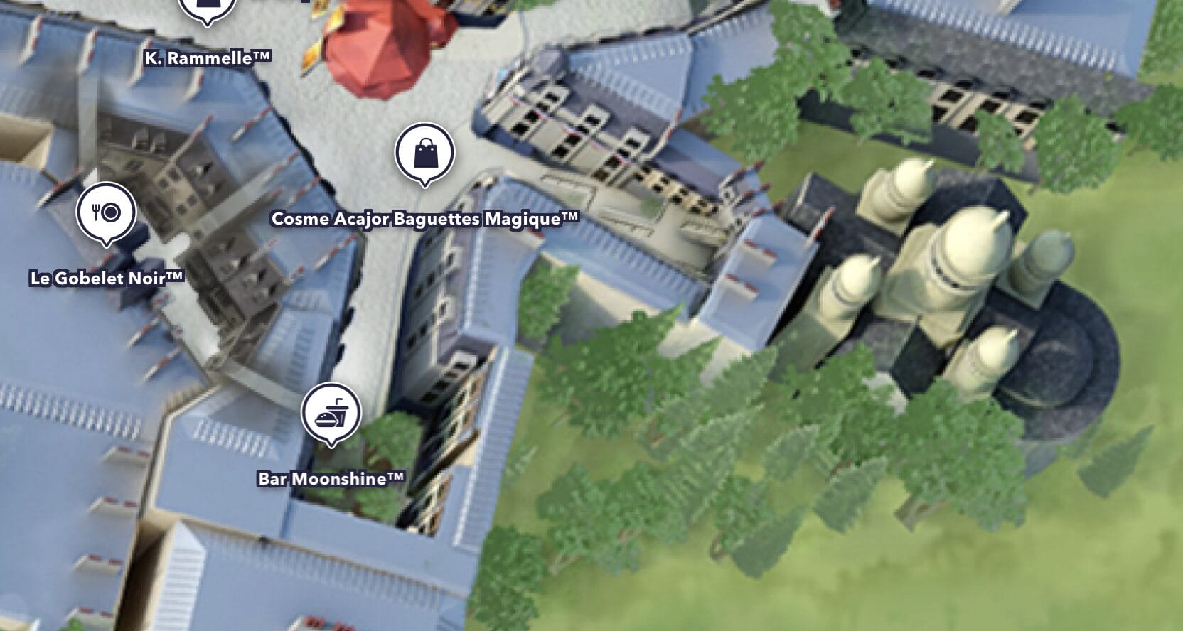 Map view showing labeled locations like Le Gobelet Noir, Bar Moonshine, and Cosme Acajor Baguettes Magique.