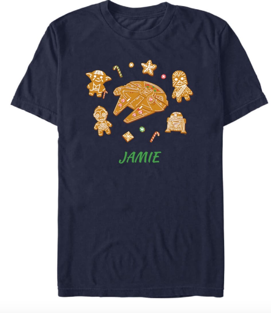 Navy Disney Store tee with Star Wars gingerbread cookies—festive 2025 holiday shirt seen at various Disney Parks worldwide.