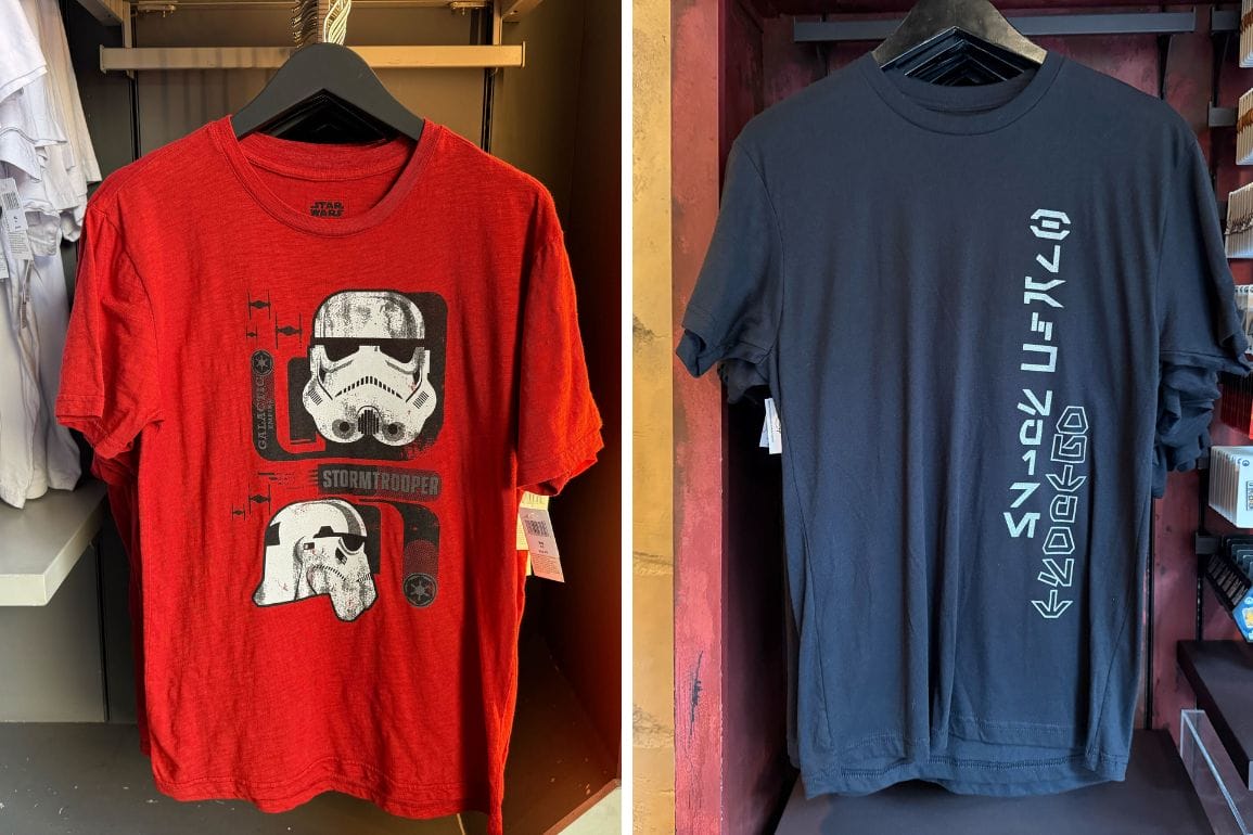 Red Star Wars shirt with stormtrooper graphics; black Disneyland shirt with Star Wars text in Aurebesh on right.