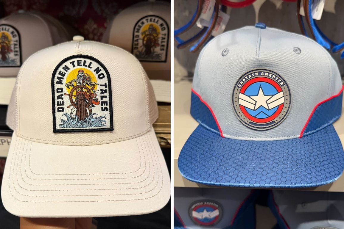 Two caps side by side: one with "Dead Men Tell No Tales" from Pirates of the Caribbean, one with a Captain America shield logo.
