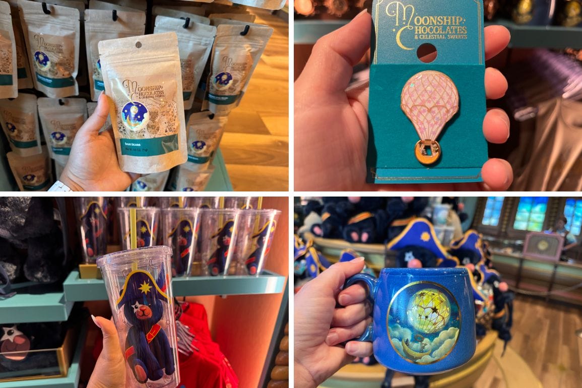 Collage of Disney park souvenirs, with Moonship Chocolates, a travel cup, and themed mugs and pins—notably no Disney castles shown.