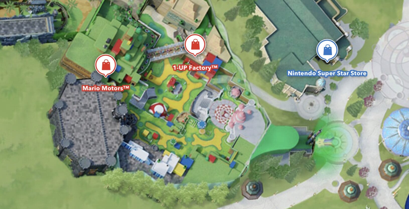 Aerial view of Super Nintendo World at Epic Universe, featuring Mario Motors merchandise and the Nintendo Super Star Store.