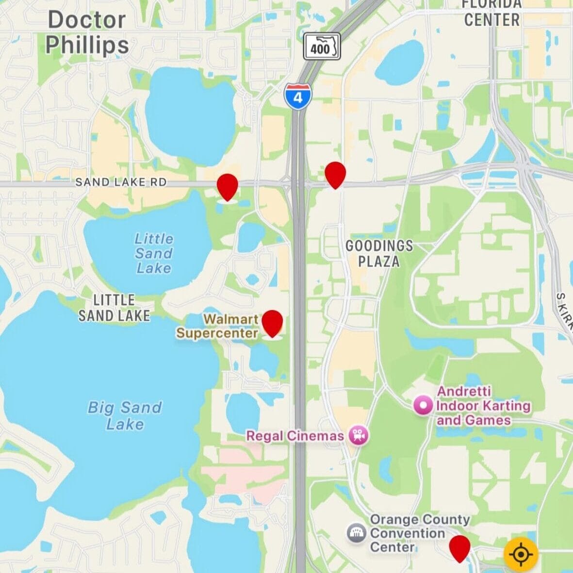 Map showing Orlando near State Road 535 with red pins and landmarks like Walmart, Regal Cinemas, and Epic Universe.