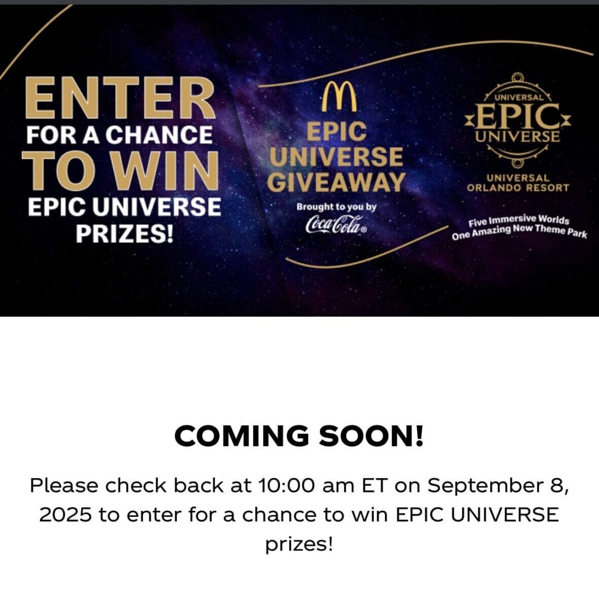 Mobile screen showing an Epic Universe giveaway promotion, with entry details and theme park images featuring frosty slush drinks.