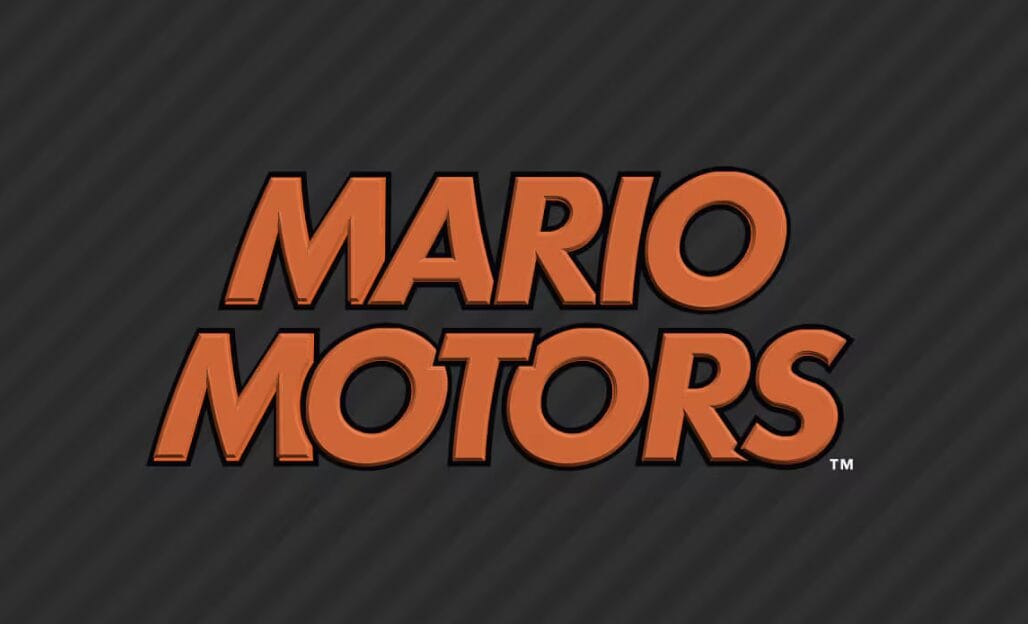 Mario Motors logo with bold orange text on a dark, diagonal-striped background, inspired by Super Nintendo World.