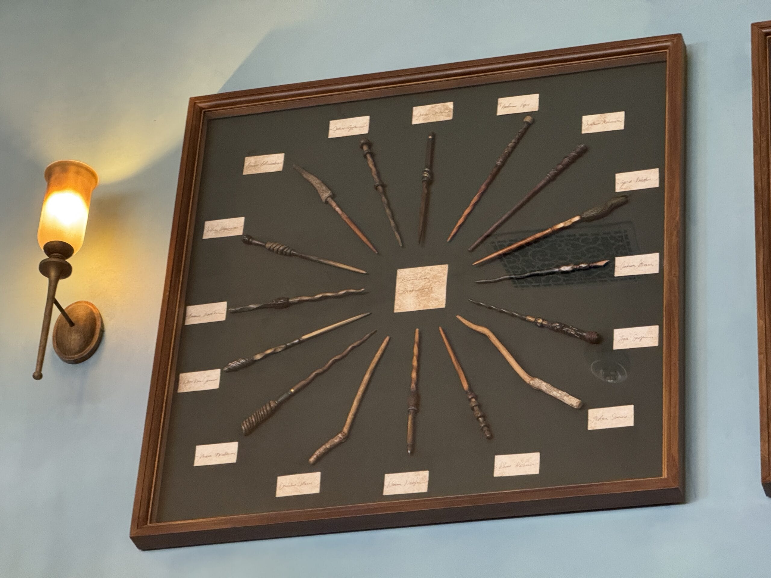 Framed display of Cosme Acajor Baguettes Magique wands, each labeled, on a blue wall next to a light sconce.