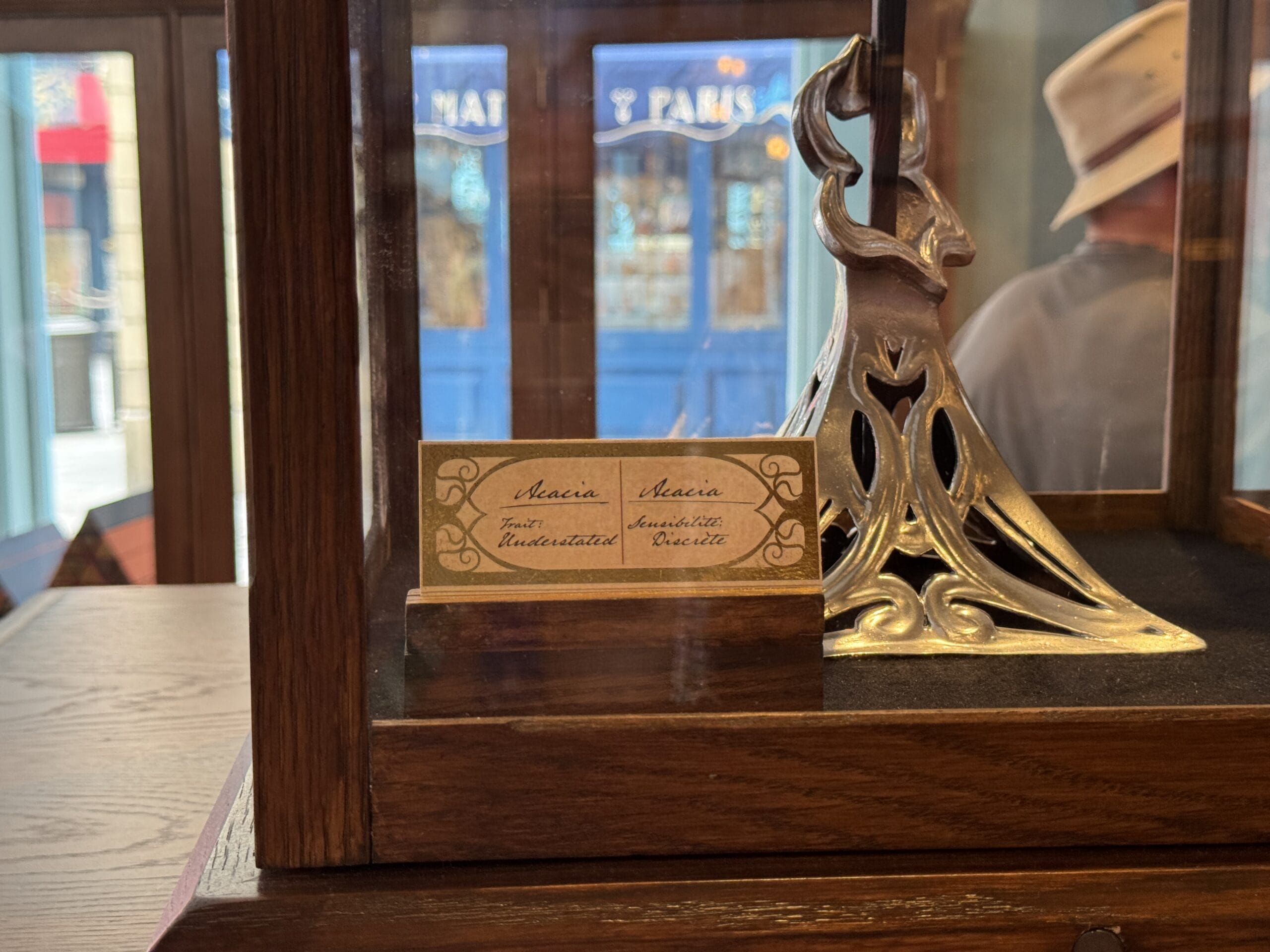 Elegant silver ornament in a glass case, labeled Cosme Acajor, inside a wooden frame with Baguettes Magique flair.