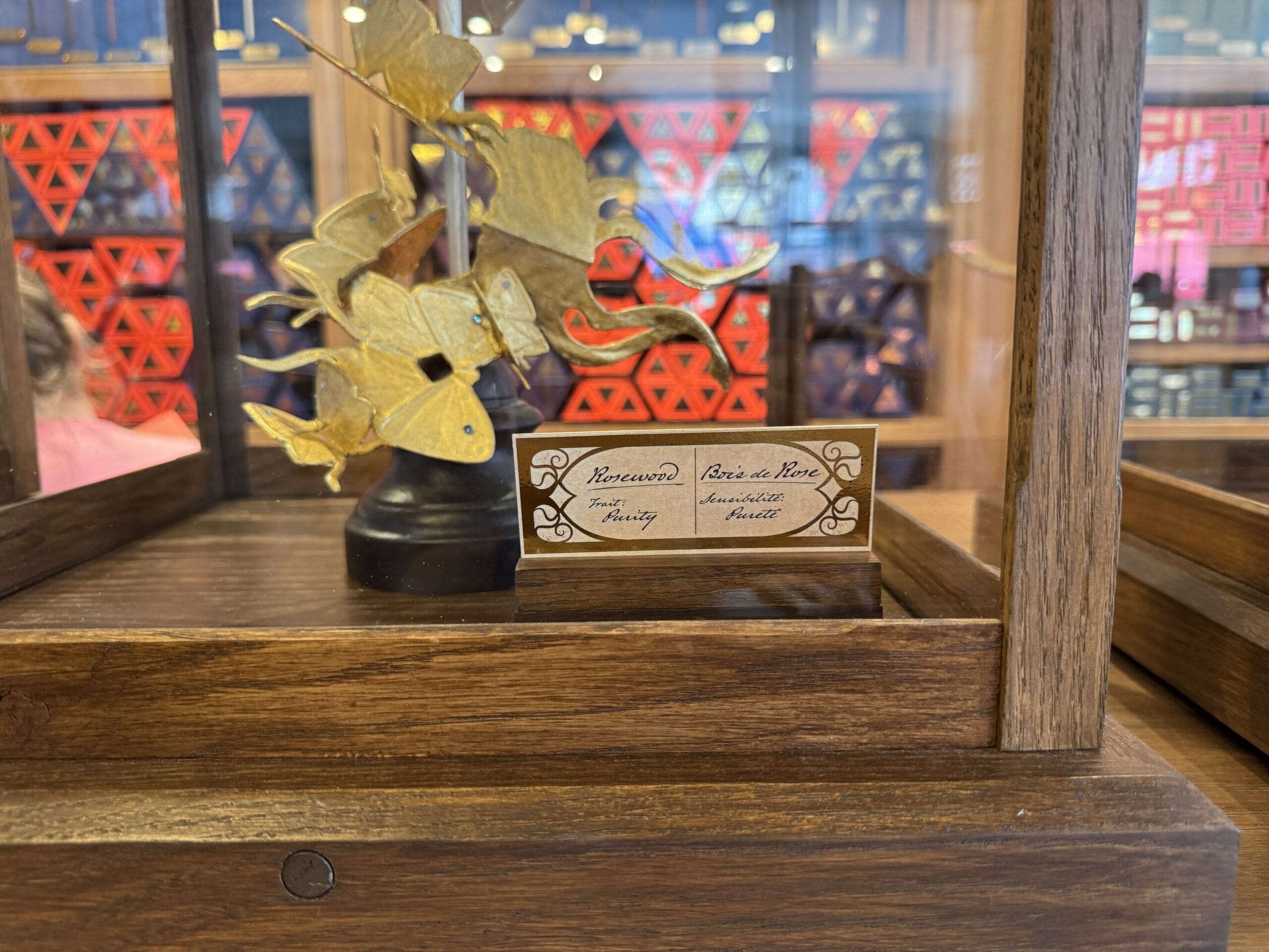 Golden fish sculpture in a glass case, label reads "Reverence Paris de Rome." Cosme Acajor baguettes magique in background.