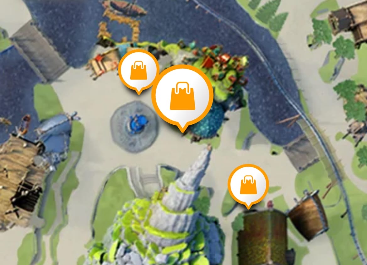 A colorful map with three orange shopping bag icons marking locations from How to Treat Your Dragon.