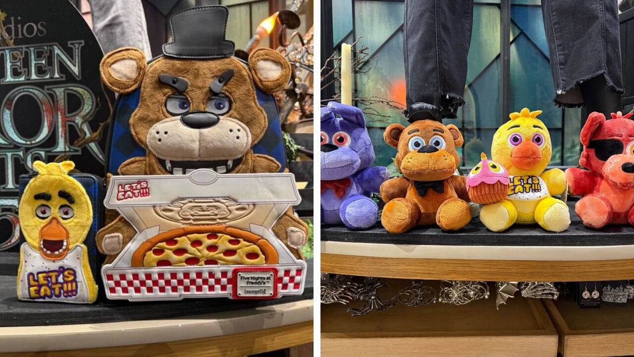 Plush Five Nights at Freddy's merchandise and themed items, perfect for Halloween Horror Nights 2025, on a wooden counter.
