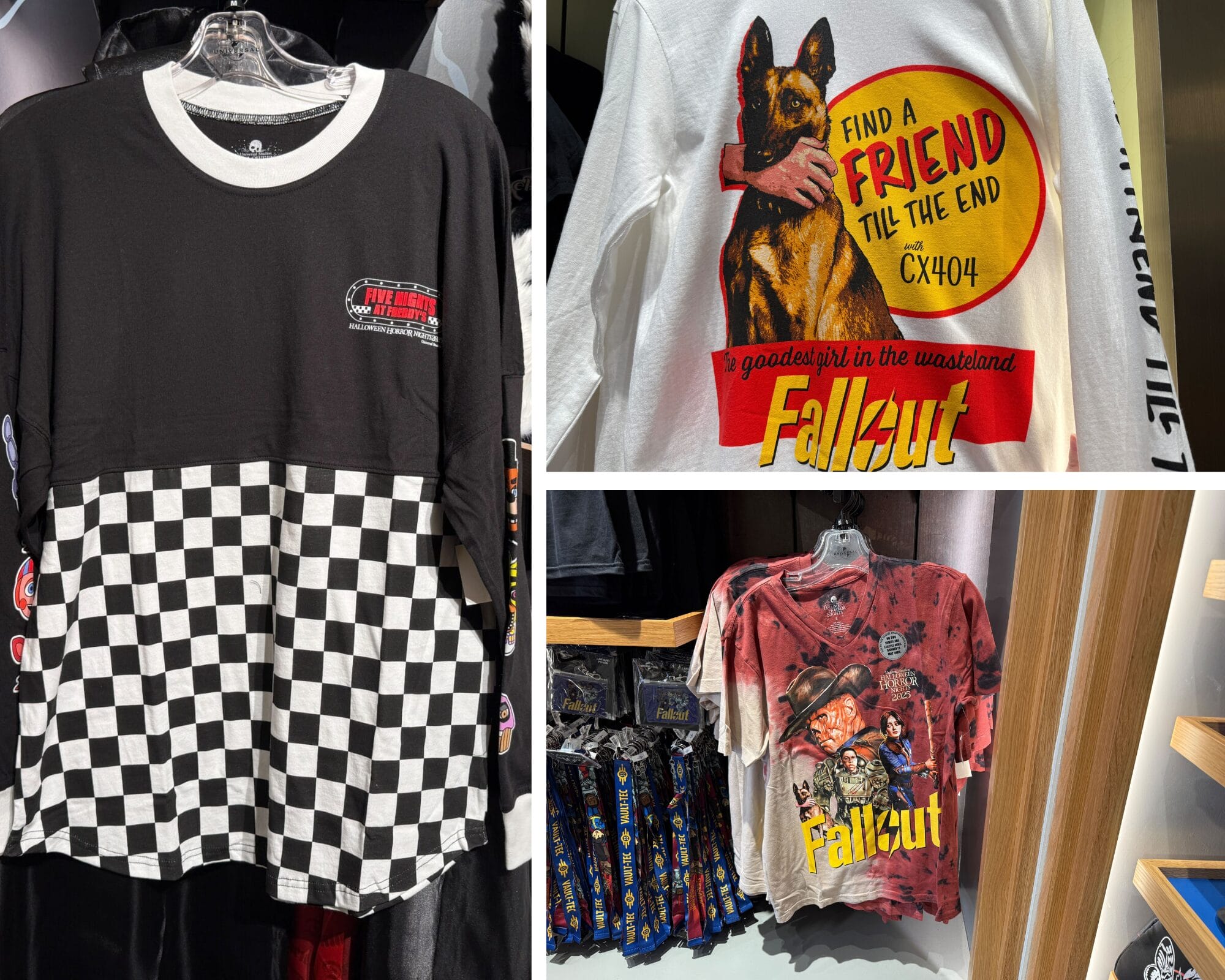 Three Fallout Merchandise shirts: a checkered print, a dog design, and series characters—perfect for fans of the games.
