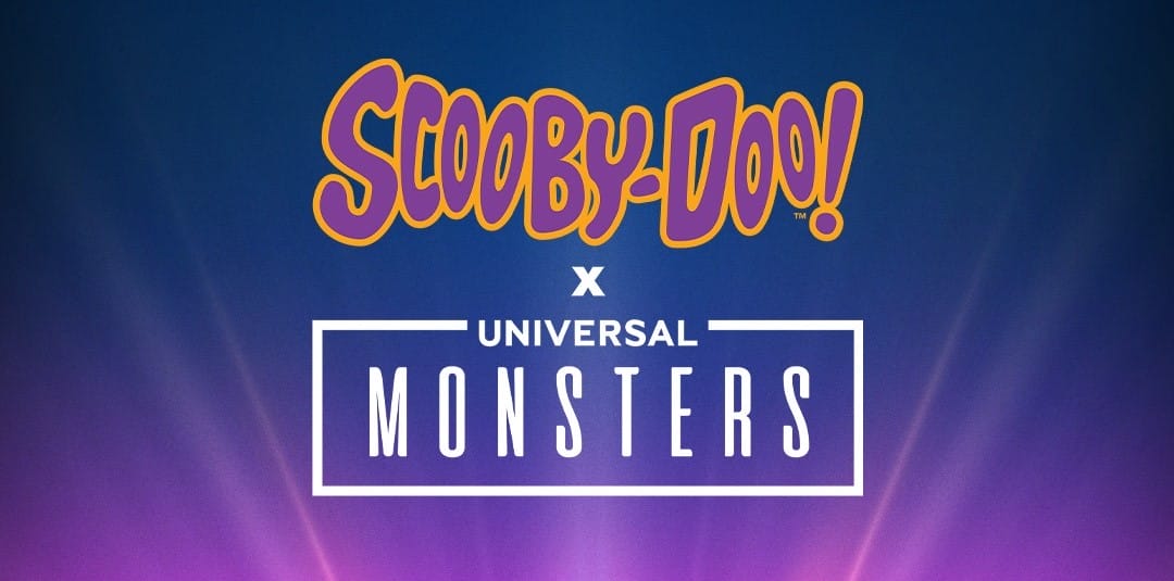 Scooby-Doo x Universal Monsters logo shines on a blue-purple gradient, celebrating Fan Fest Nights at Universal Studios Hollywood.