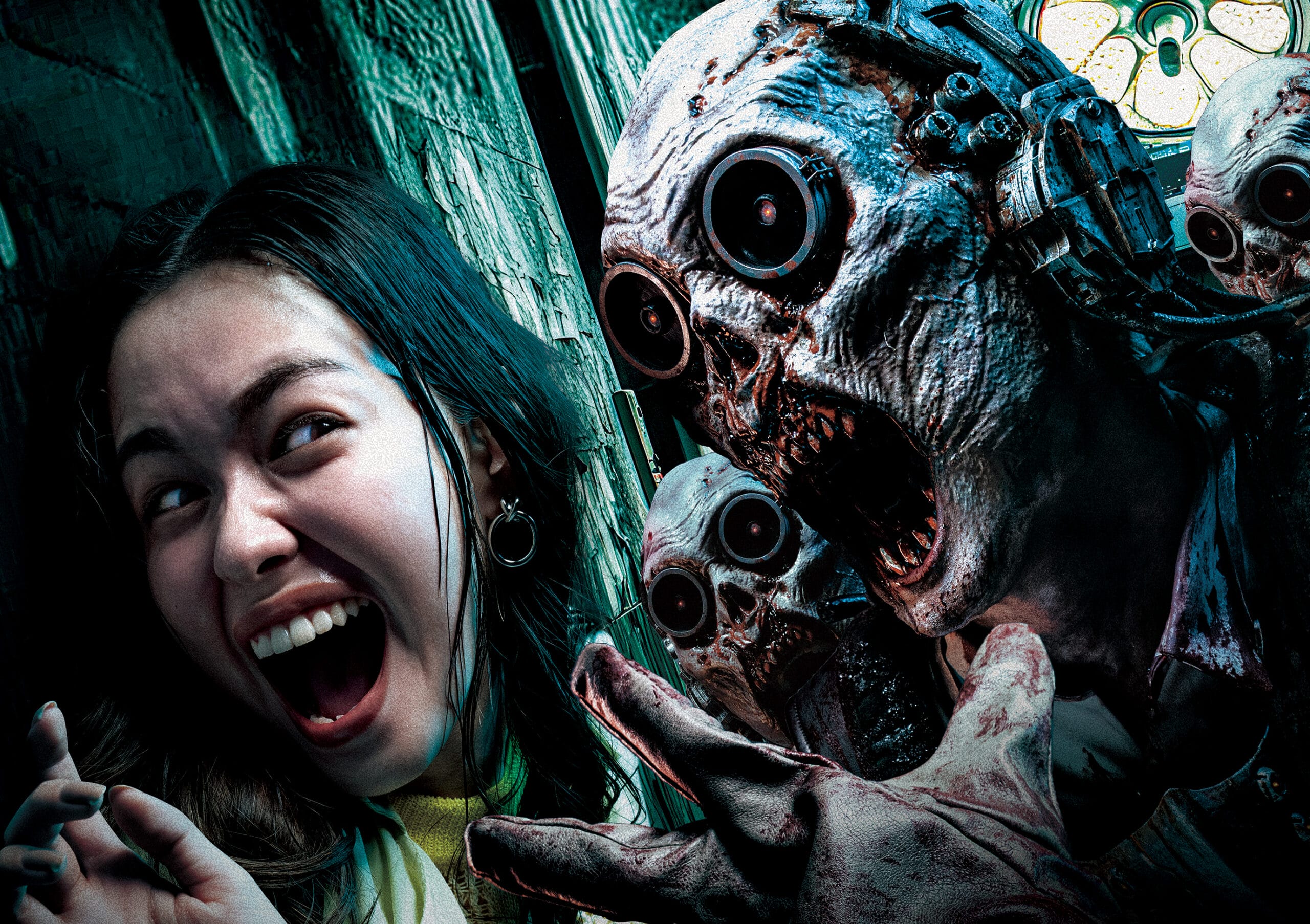 A terrified woman screams as menacing mechanical zombies loom near in Universal Studios Japan’s Zombie Tour Haunted House.